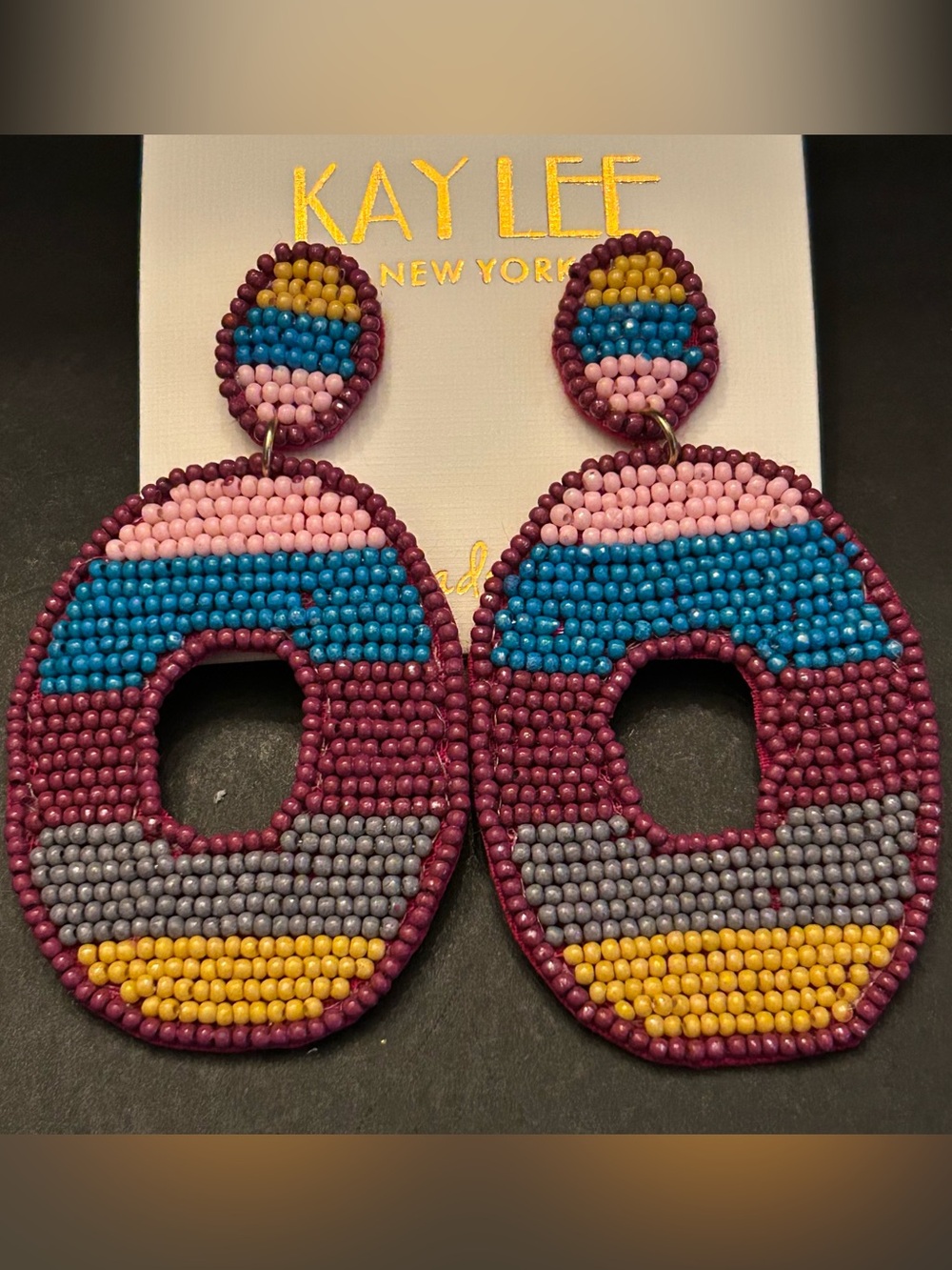 Multicolor Striped Hand Beaded Oval Statement Drop Earrings